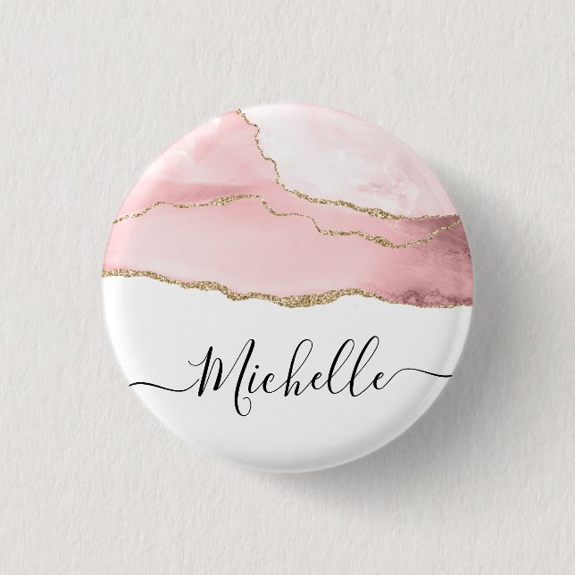 Badge Rond 2,50 Cm écriture stylisée or et blush agate personnalisée (Devant)
