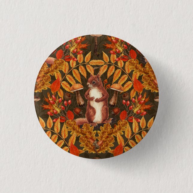 Badge Rond 2,50 Cm Écureuil d'automne sur brun foncé (Devant)