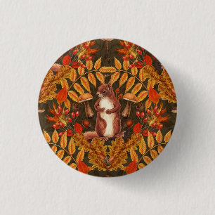 Badge Rond 2,50 Cm Écureuil d'automne sur brun foncé