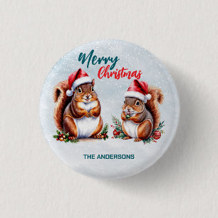Badge Rond 2,50 Cm écureuil grassouillet chapeau de Père Noël Joyeux