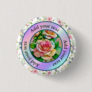 Badge Rond 2,50 Cm Élégance Roses Rose et Jaune Aquarelle Pastel