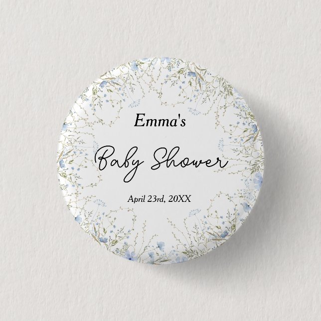 Badge Rond 2,50 Cm Elégant Baby shower à fleurs bleu petit Fleur sauv (Devant)