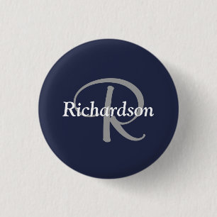 Badge Rond 2,50 Cm Élégant Bleu Nuit Blanc Gris Argent Monogrammé