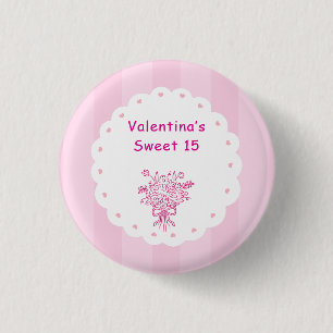 Badge Rond 2,50 Cm Élégant Bouquet Floral de Quinceañera Rose & Bla