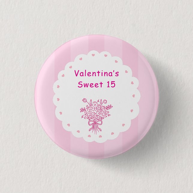 Badge Rond 2,50 Cm Élégant Bouquet Floral de Quinceañera | Rose et Bl (Devant)