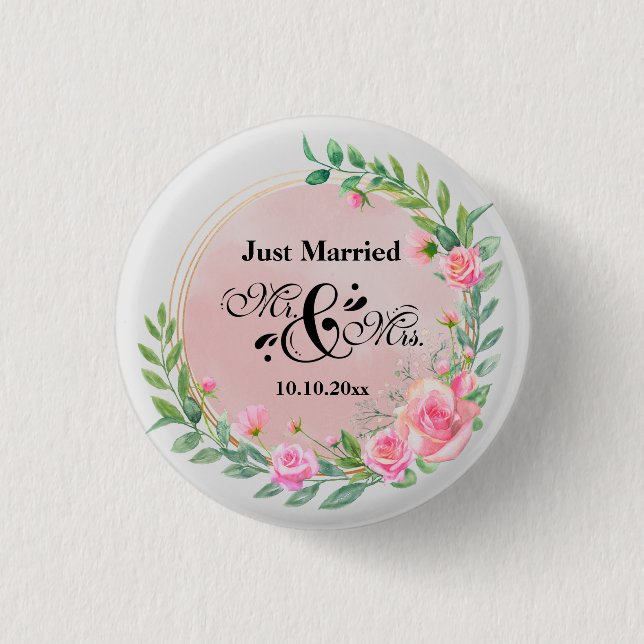 Badge Rond 2,50 Cm Élégant M. et Mme Blush Mariage de fleurs roses (Devant)