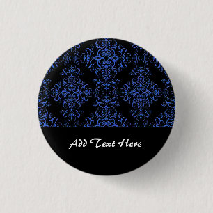 Badge Rond 2,50 Cm Élégant motif de style damassé floral bleu et noir