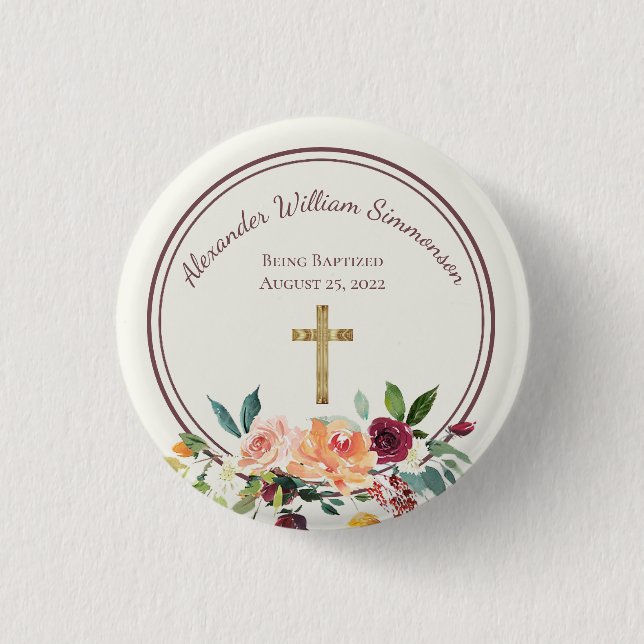 Badge Rond 2,50 Cm Elégant or Bourgogne Floral Baby Christening (Devant)