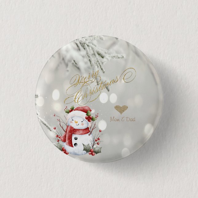 Badge Rond 2,50 Cm Élégant Parties scintillant or Coeur Snowman (Devant)