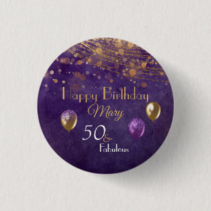 Badge Rond 2,50 Cm Elégant Purple Gold 50 Fabuleux Joyeux Anniversair