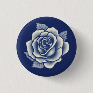 Badge Rond 2,50 Cm Élégant Romantique Chic Rose Florale Bleue Damassé