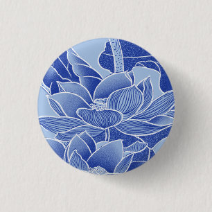 Badge Rond 2,50 Cm Elégante Chinoiserie Bleue Floral Lotus Mandala