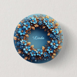 Badge Rond 2,50 Cm Élégante couronne florale d'éléments bleus et doré