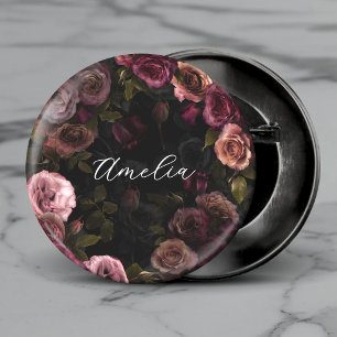 Badge Rond 2,50 Cm Élégante Fleur Botanique Rose Foncé Bourgogne