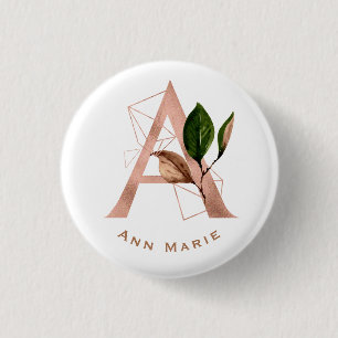 Badge Rond 2,50 Cm Élégante rose doré floral monogramme de la mariée