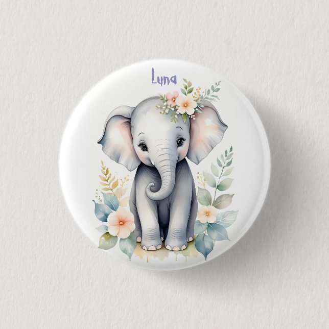 Badge Rond 2,50 Cm Eléphant bébé en floraison (Devant)