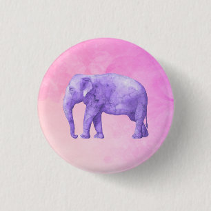 Badge Rond 2,50 Cm Eléphant violet sur des aquarelles roses de rêve