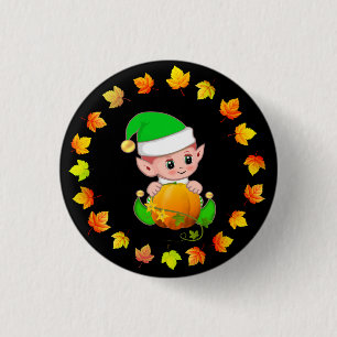 Badge Rond 2,50 Cm Elfe mignon avec citrouille et feuilles d'automne 