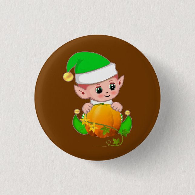 Badge Rond 2,50 Cm Elfe mignon avec citrouille sur marron (Devant)