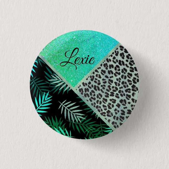 Badge Rond 2,50 Cm Empreinte de léopard Tropical Turquoise (Devant)