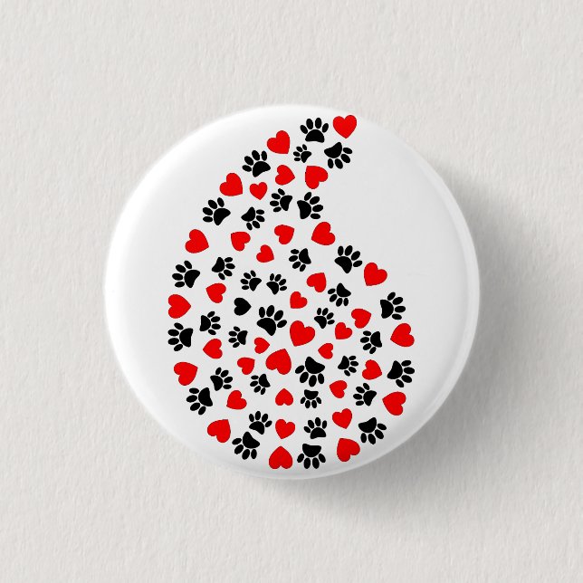 Badge Rond 2,50 Cm Empreinte de patte Noir Et Rouge Et Coeurs Paisley (Devant)