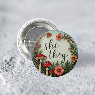 Badge Rond 2,50 Cm Épinglette de pronom cottagecore She/They LGBTQ
