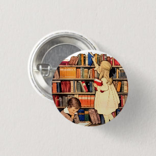 Badge Rond 2,50 Cm Épinglette Enfants Vintage Lisant des Livres de Bi
