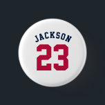 Badge Rond 2,50 Cm Équipe sportive personnalisée Jersey Numéro Nom<br><div class="desc">Maillot sport personnalisé avec blanc éditable numéro et nom dans rétro seventies style design en rouge et bleu sur blanc</div>
