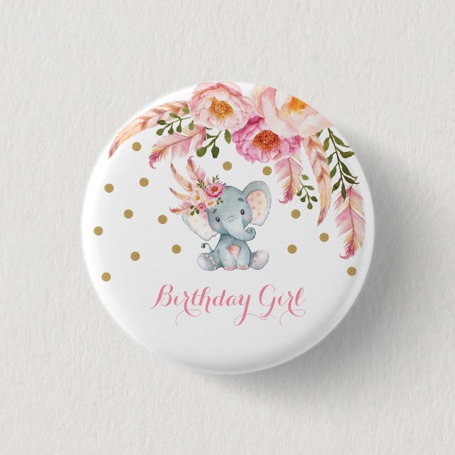 Badge Rond 2,50 Cm Ęr cadeau d'anniversaire d'éléphant floral rose de (Devant)