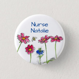 Badge Rond 2,50 Cm Étiquette de nom d'infirmière avec fleurs de cosmo