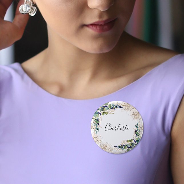 Badge Rond 2,50 Cm Étiquette de nom pailletée à motif d'eucalyptus (Créateur téléchargé)