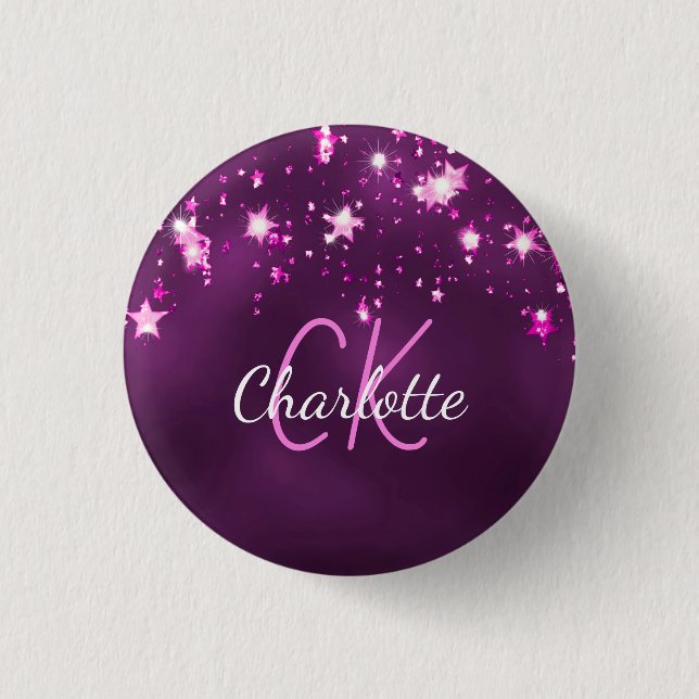 Badge Rond 2,50 Cm Étoiles scintillantes violettes monogramme personn (Devant)