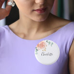 Badge Rond 2,50 Cm Eucalyptus greenery rose gold floral name tag<br><div class="desc">A chic white background. Decorated with a rose gold,  blush pink floral,  flower (rose)and green watercolored eucalyptus leaves,  sprigs,  greenery and a faux gold sprig. Personalize and add a name. The name is written with a modern hand lettered style script.</div>