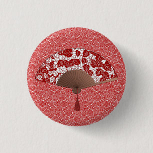 Badge Rond 2,50 Cm Éventail japonais à motif de feuille, rouge foncé