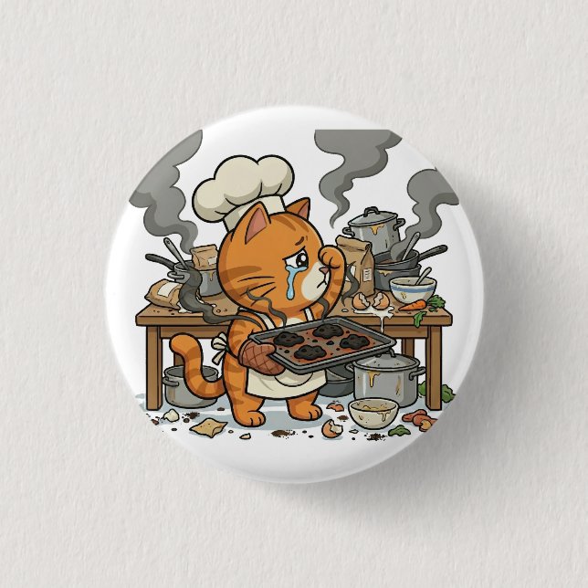 Badge Rond 2,50 Cm Exhausted Chef Cat Kitchen Disaster Button (Devant)