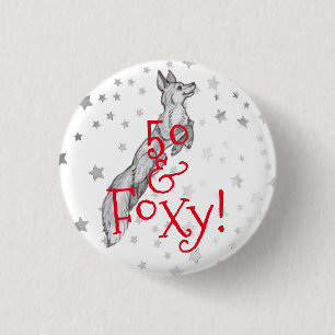 Badge Rond 2,50 Cm Fabuleux Foxy 50e anniversaire Black White Renard