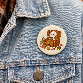 Badge Rond 2,50 Cm Fantôme Cozy dans Fauteuil Épinglette | Café Autom