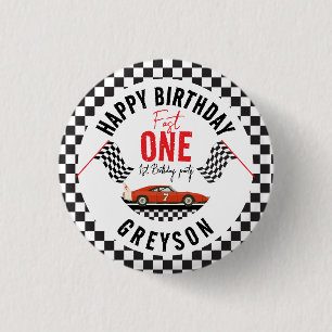 Badge Rond 2,50 Cm Fast One Race Car Boy 1ère fête d'anniversaire