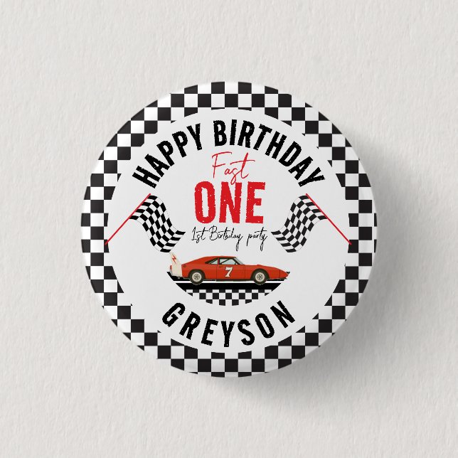 Badge Rond 2,50 Cm Fast One Race Car Boy 1ère fête d'anniversaire (Devant)