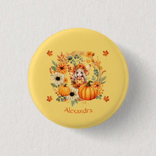 Badge Rond 2,50 Cm Fée Citrouille mignonne dans la couronne d'automne