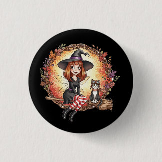 Badge Rond 2,50 Cm Fée de sorcière d'automne avec chat noir