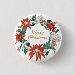 Badge Rond 2,50 Cm Festive Merry Christmas Floral Poinsettia Wreath