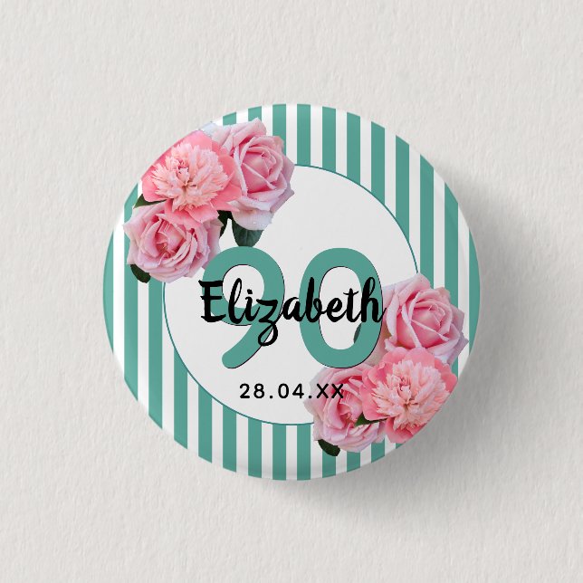 Badge Rond 2,50 Cm Fête 90e anniversaire fleurs roses rayures turquoi (Devant)