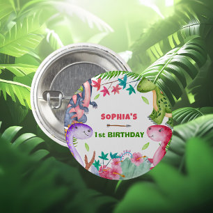 Badge Rond 2,50 Cm Fête d'anniversaire 1 an dinosaure fille mignonne
