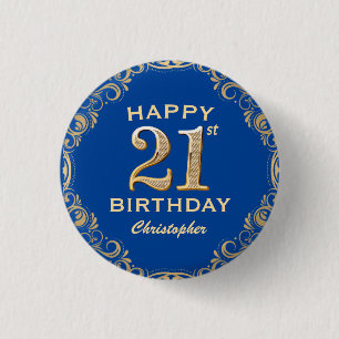 Badge Rond 2,50 Cm Fête d'anniversaire 21 ans Bleu marine et Paillett