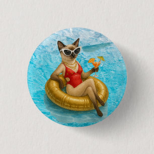 Badge Rond 2,50 Cm Fête d'anniversaire Chat dans la piscine pour les