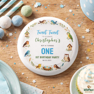 Badge Rond 2,50 Cm Fête d'anniversaire de 1 an des oiseaux mignons -