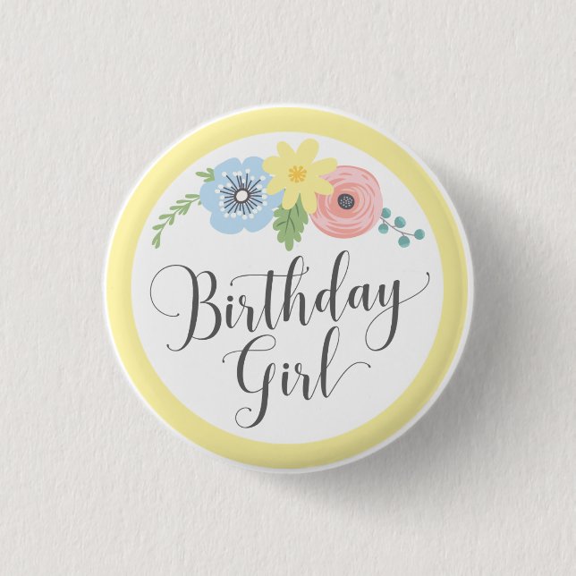 Badge Rond 2,50 Cm Fête d'anniversaire jaune floral pour bébé et enfa (Devant)