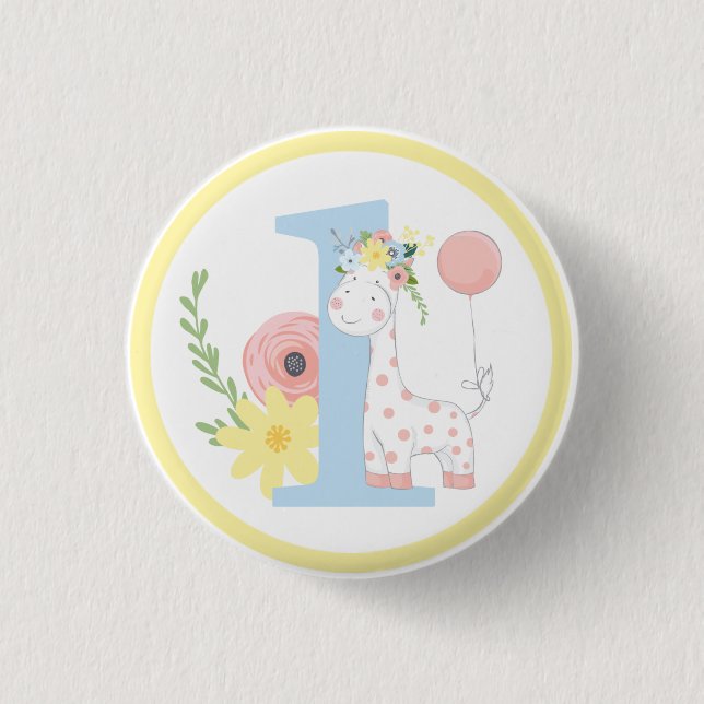 Badge Rond 2,50 Cm Fête d'anniversaire numéro un pour bébé girafe ave (Devant)