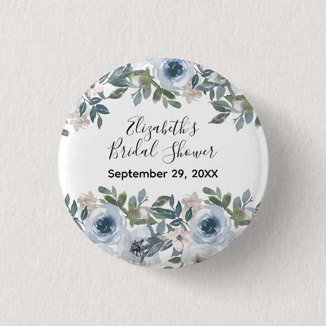 Badge Rond 2,50 Cm Fête de mariage Floral Bleu Blanc Aquarelle (Devant)